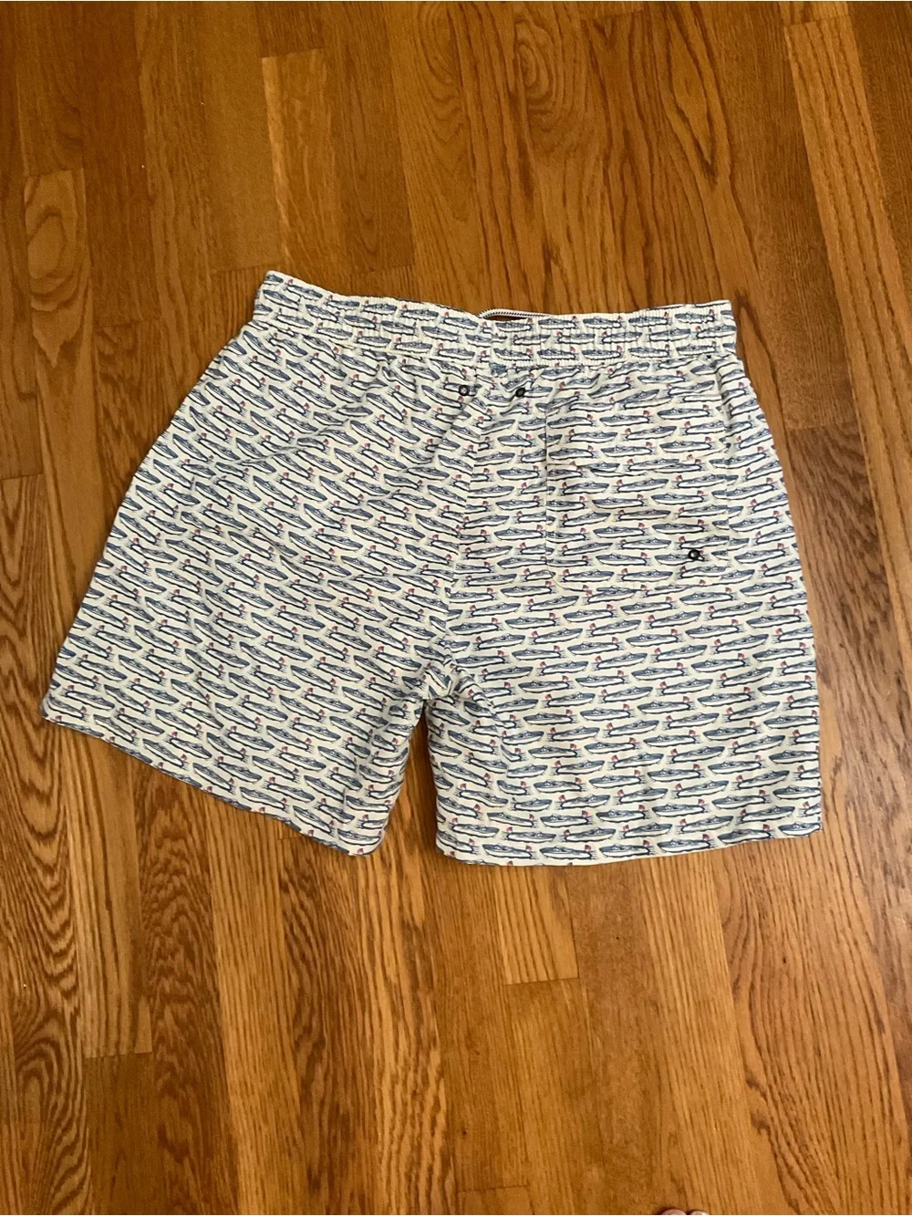 Onward Reserve - Float Your Boat Men's White & Blue Print Swim Trunks. Size L